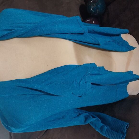 INC International Concepts Turquoise PETITE Cardigan with Sparkle & Lapels. - Picture 4 of 4